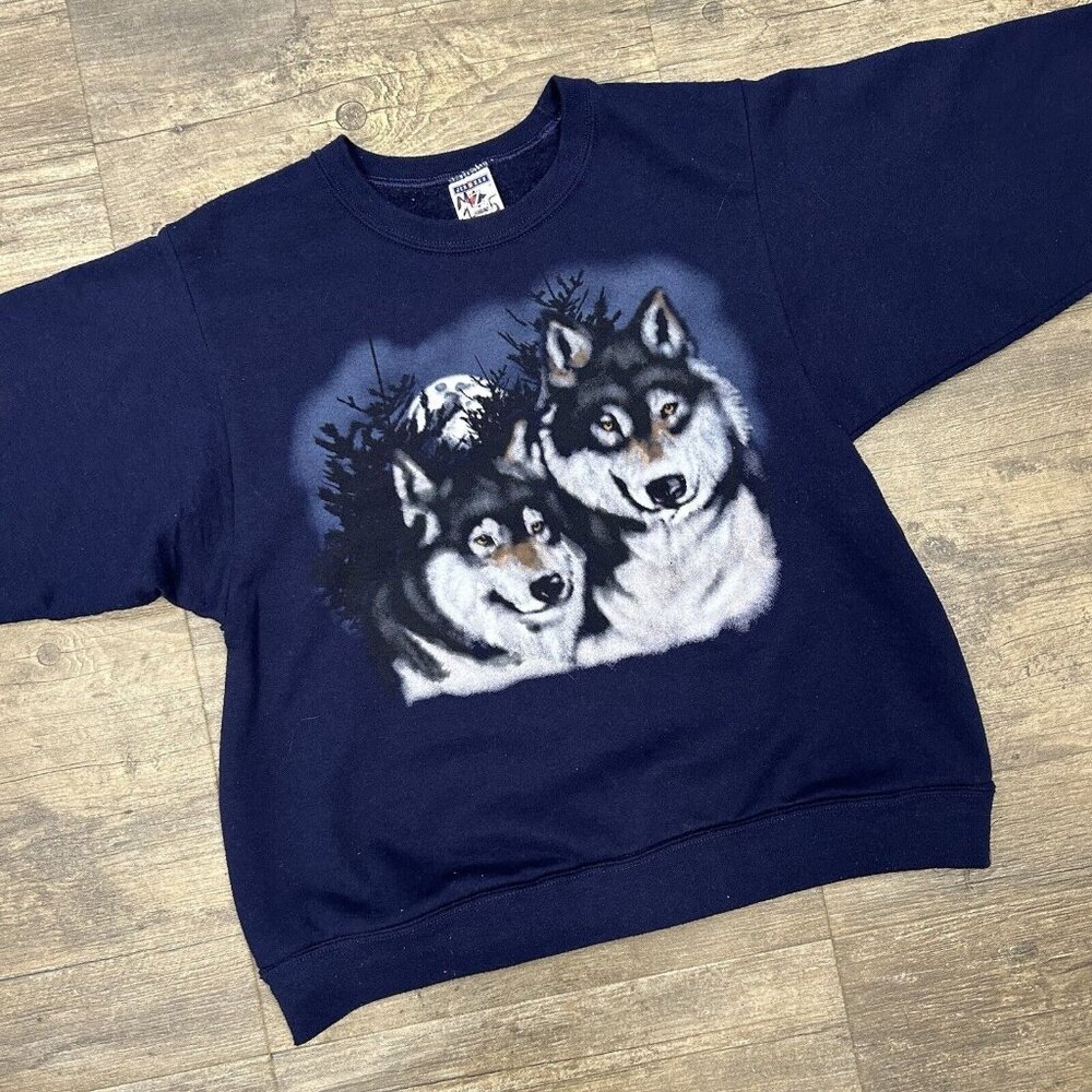 Vintage Jerzees NuBlend Sweatshirt‎ Two Wolves Moon NO SIZE TAG Navy